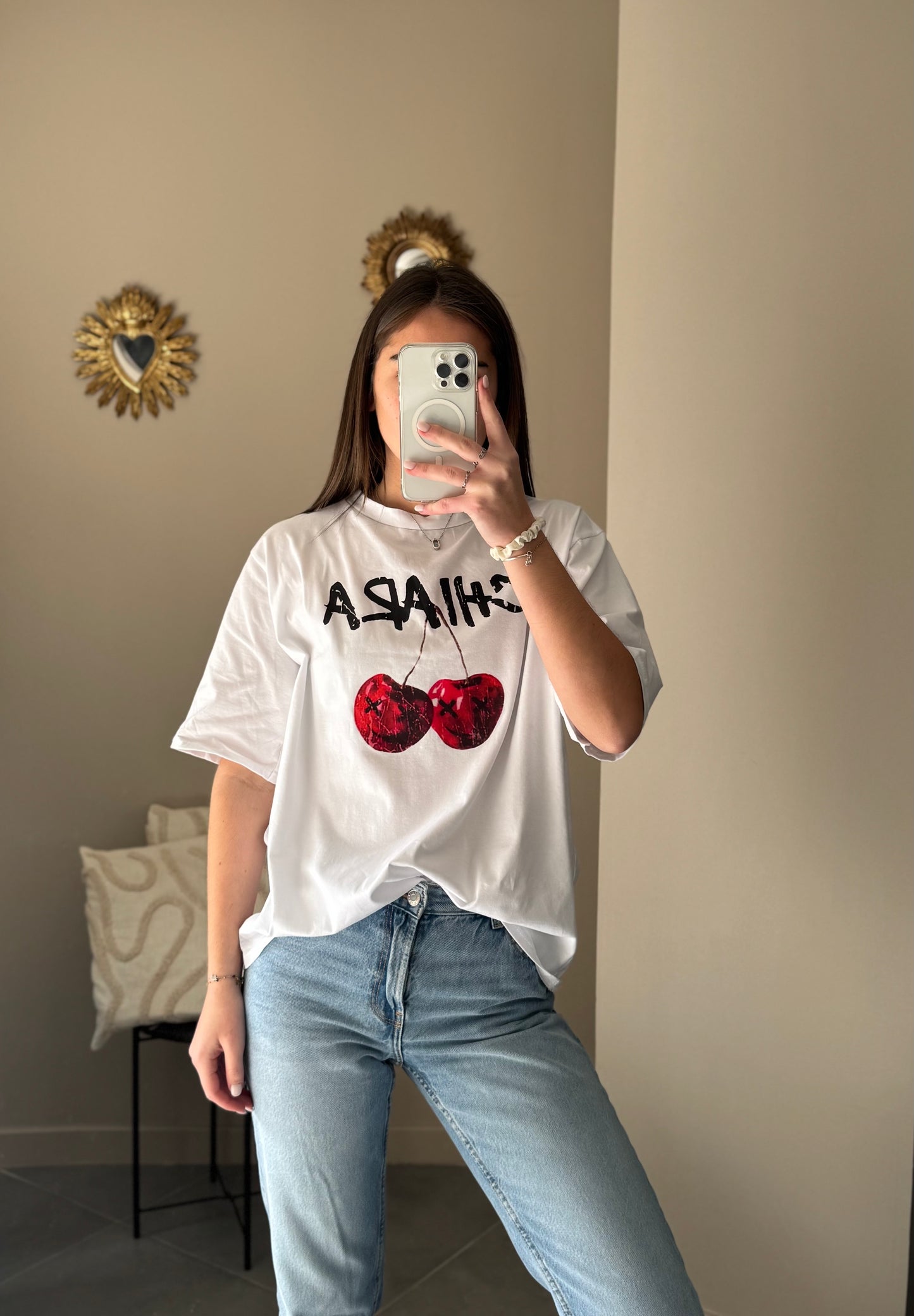 T-shirt blanc oversize imprimé cerise CHIARA - Blanc