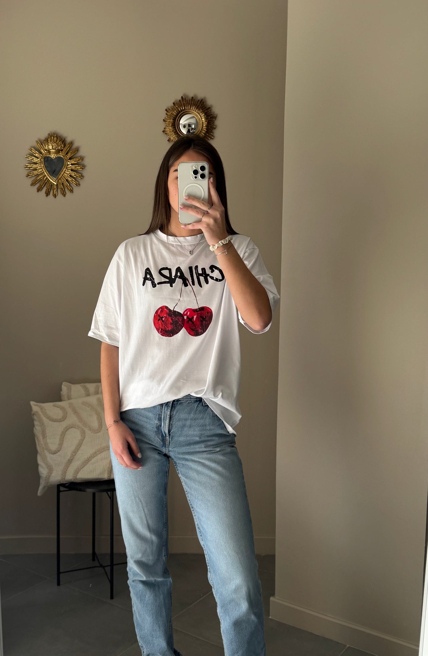 T-shirt blanc oversize imprimé cerise CHIARA - Blanc