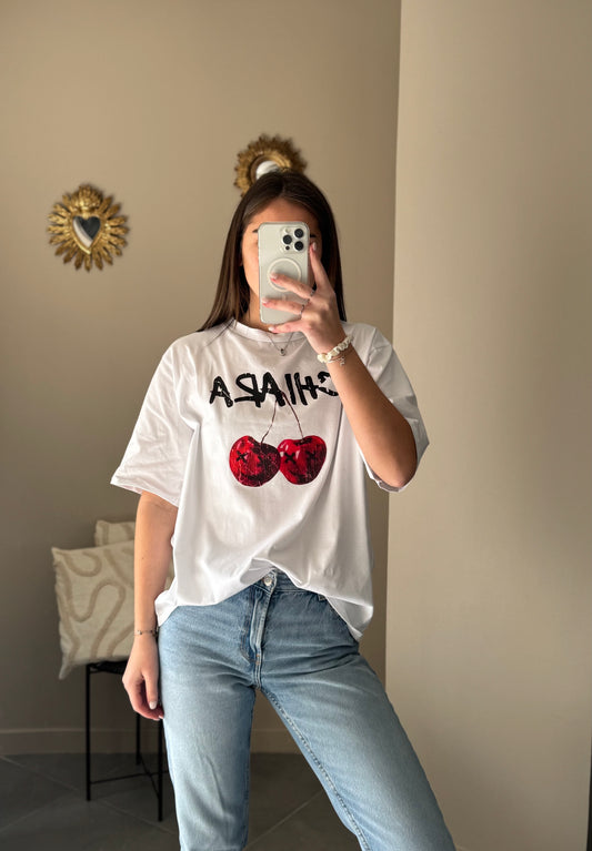 T-shirt blanc oversize imprimé cerise CHIARA - Blanc