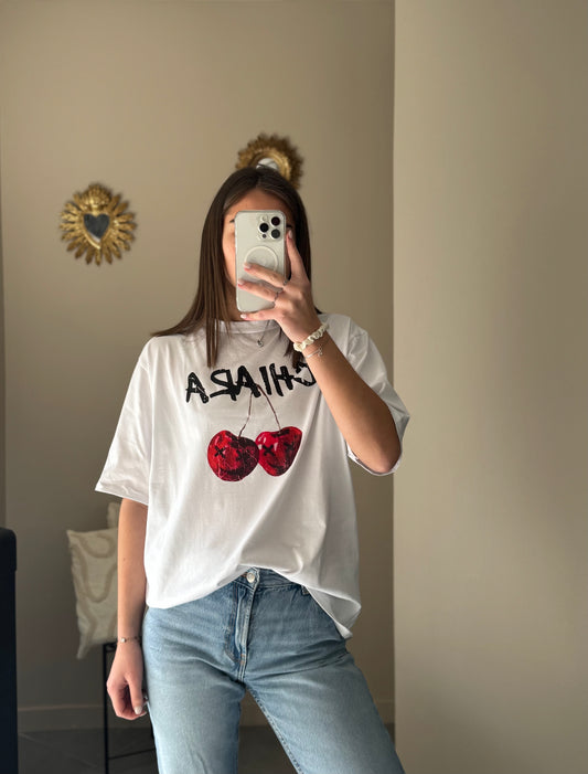 T-shirt blanc oversize imprimé cerise CHIARA - Blanc