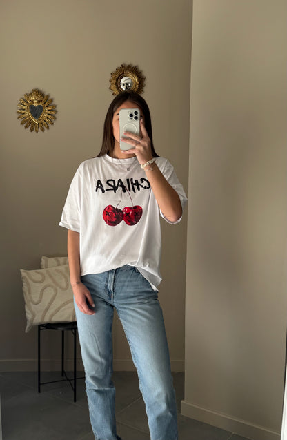 T-shirt blanc oversize imprimé cerise CHIARA - Blanc