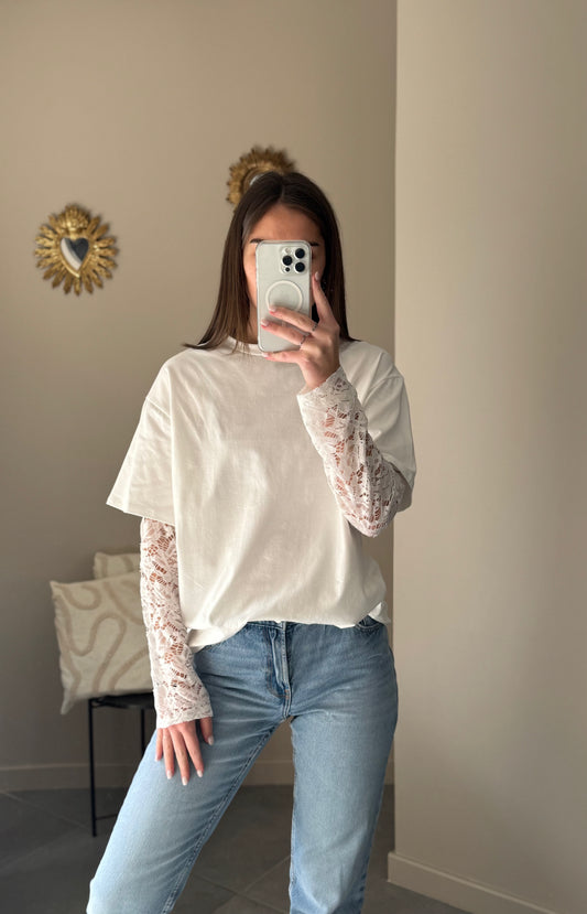 T-shirt manches longues en dentelle - Blanc