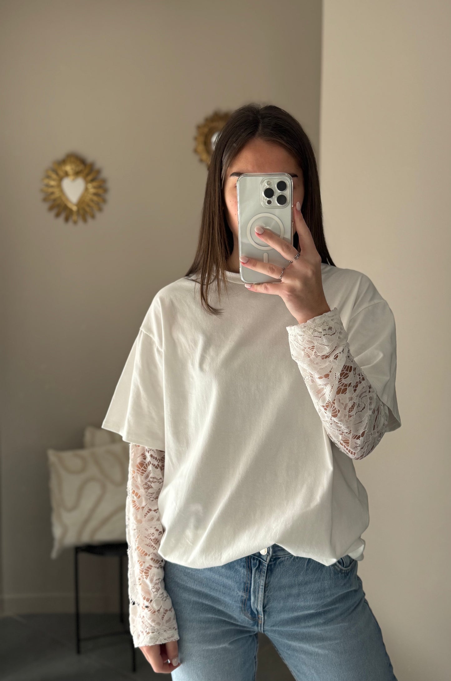 T-shirt manches longues en dentelle - Blanc