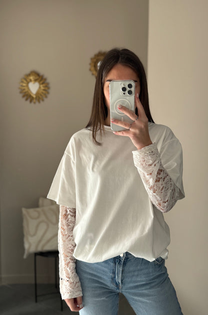 T-shirt manches longues en dentelle - Blanc