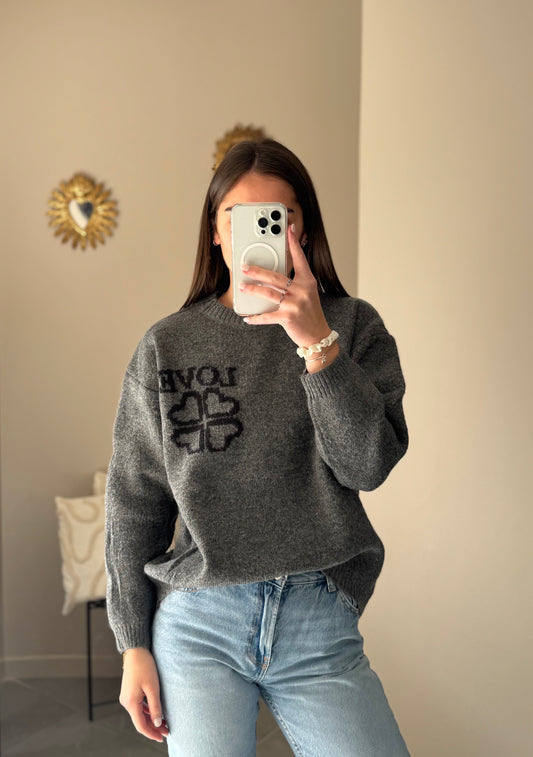 Pull "LOVE" avec motif trèfle - Gris