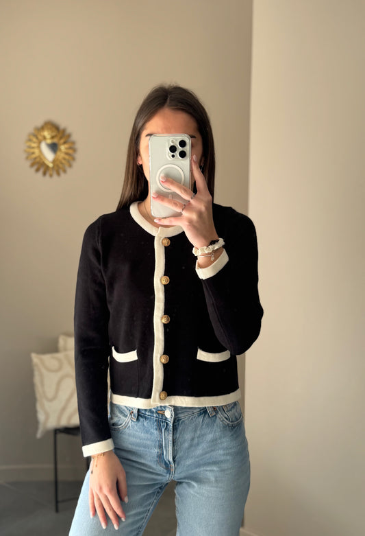 Gilet chic à boutons dorés et détails blancs - Noir