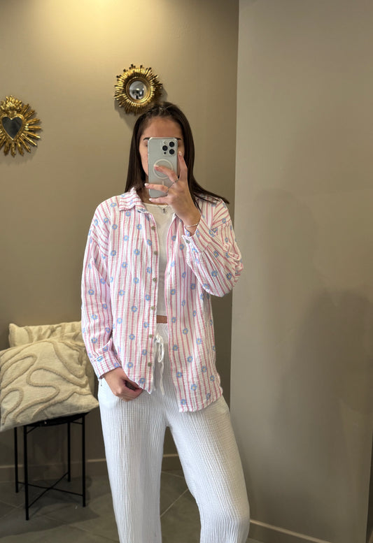 Chemise rayée à petites fleurs bleues - Rose