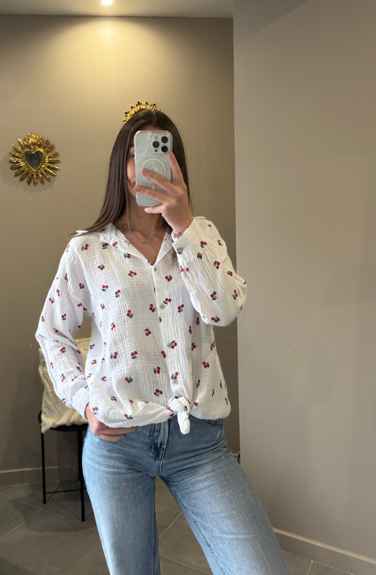 Chemise gaze de coton cerise - Blanc